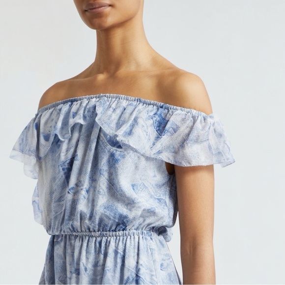L'AGENCE Leonie Silk Off the Shoulder Denim Print Flounce Trim Mini Dress Small - Picture 7 of 13